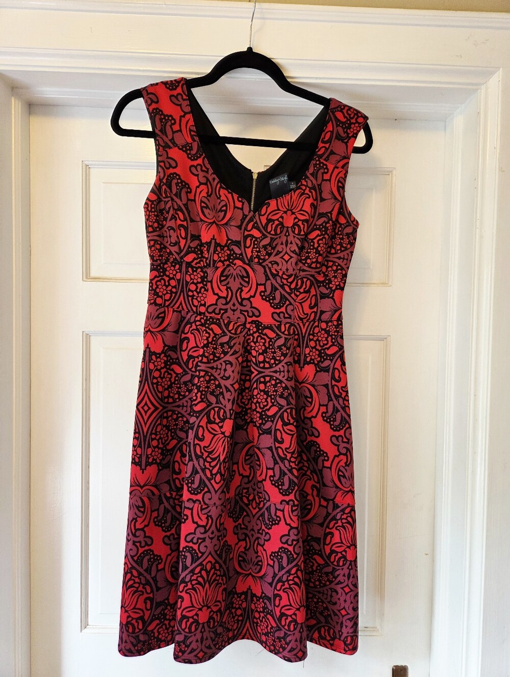 Gabby Skye Red Black Velvet Damask Fit & Flare Dress Size 4